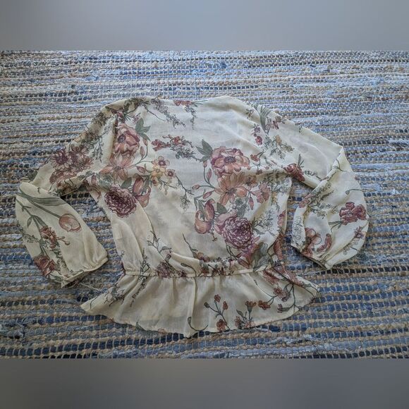 Chiffon Blouse L/S Brown Floral True Wrap Peplum Vneck M Coquette Fairy Grunge - Picture 6 of 6